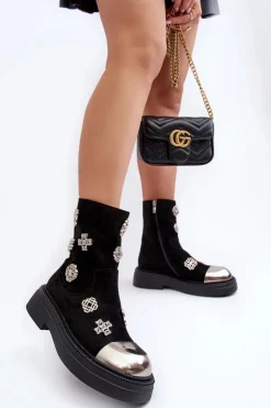 Zamszowe Ocieplane Botki Z Ozdobami D&A MR870-14 Czarne