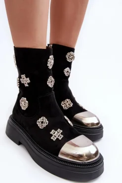 Zamszowe Ocieplane Botki Z Ozdobami D&A MR870-14 Czarne