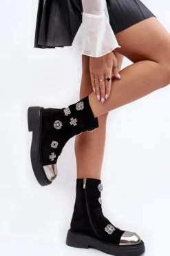 Zamszowe Ocieplane Botki Z Ozdobami D&A MR870-14 Czarne