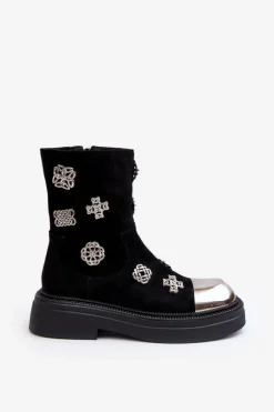 Zamszowe Ocieplane Botki Z Ozdobami D&A MR870-14 Czarne