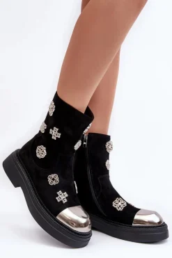 Zamszowe Ocieplane Botki Z Ozdobami D&A MR870-14 Czarne