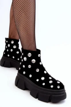 Zamszowe Ocieplane Botki Z Kryształkami D&A MR52-205 Czarne