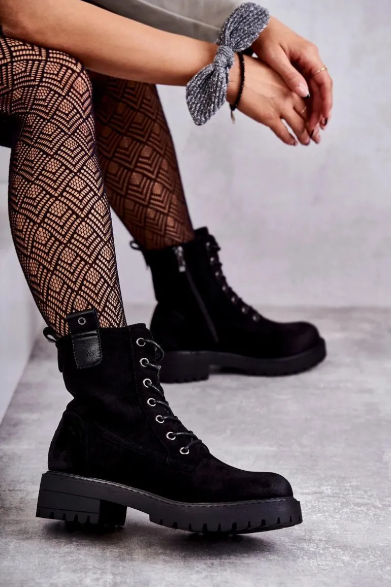 Zamszowe Ocieplane Botki Sznurowane Czarne Ritta
