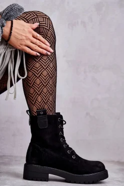 Zamszowe Ocieplane Botki Sznurowane Czarne Ritta