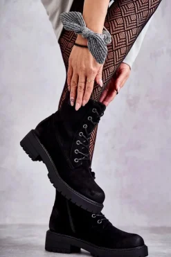 Zamszowe Ocieplane Botki Sznurowane Czarne Ritta