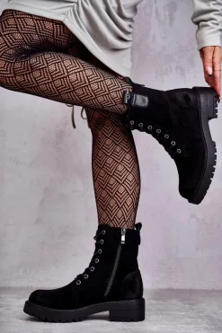 Zamszowe Ocieplane Botki Sznurowane Czarne Ritta