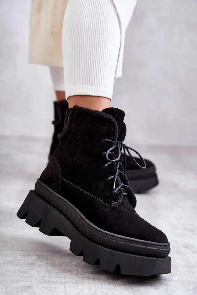 Zamszowe Ocieplane Botki Sznurowane Czarne Lemar Elisabeth
