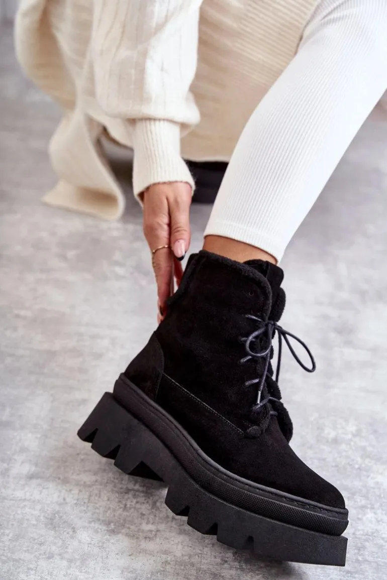 Zamszowe Ocieplane Botki Sznurowane Czarne Lemar Elisabeth