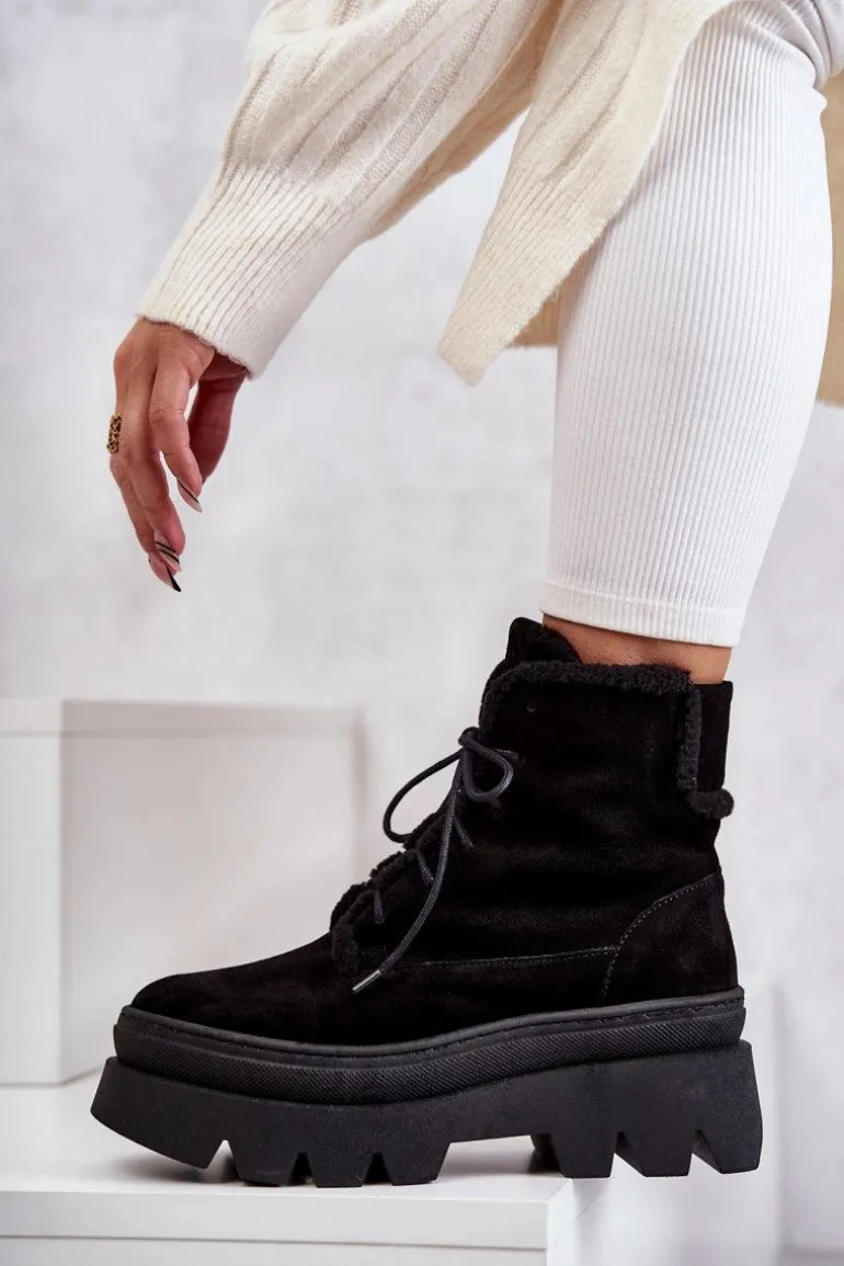Zamszowe Ocieplane Botki Sznurowane Czarne Lemar Elisabeth