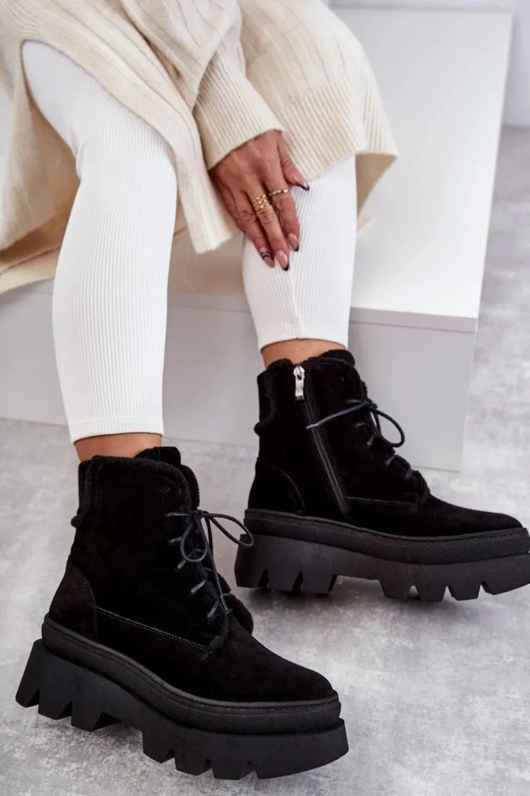 Zamszowe Ocieplane Botki Sznurowane Czarne Lemar Elisabeth