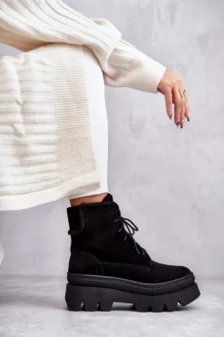 Zamszowe Ocieplane Botki Sznurowane Czarne Lemar Elisabeth