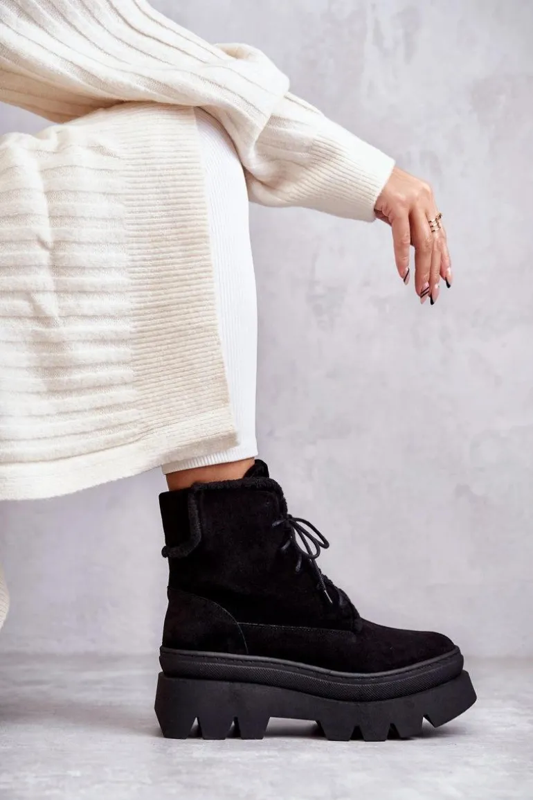 Zamszowe Ocieplane Botki Sznurowane Czarne Lemar Elisabeth