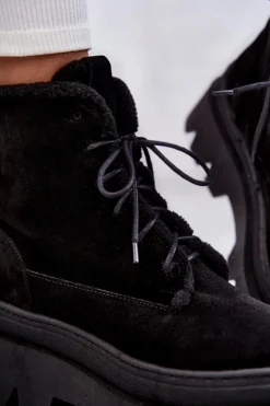 Zamszowe Ocieplane Botki Sznurowane Czarne Lemar Elisabeth