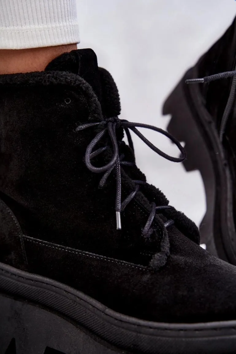 Zamszowe Ocieplane Botki Sznurowane Czarne Lemar Elisabeth