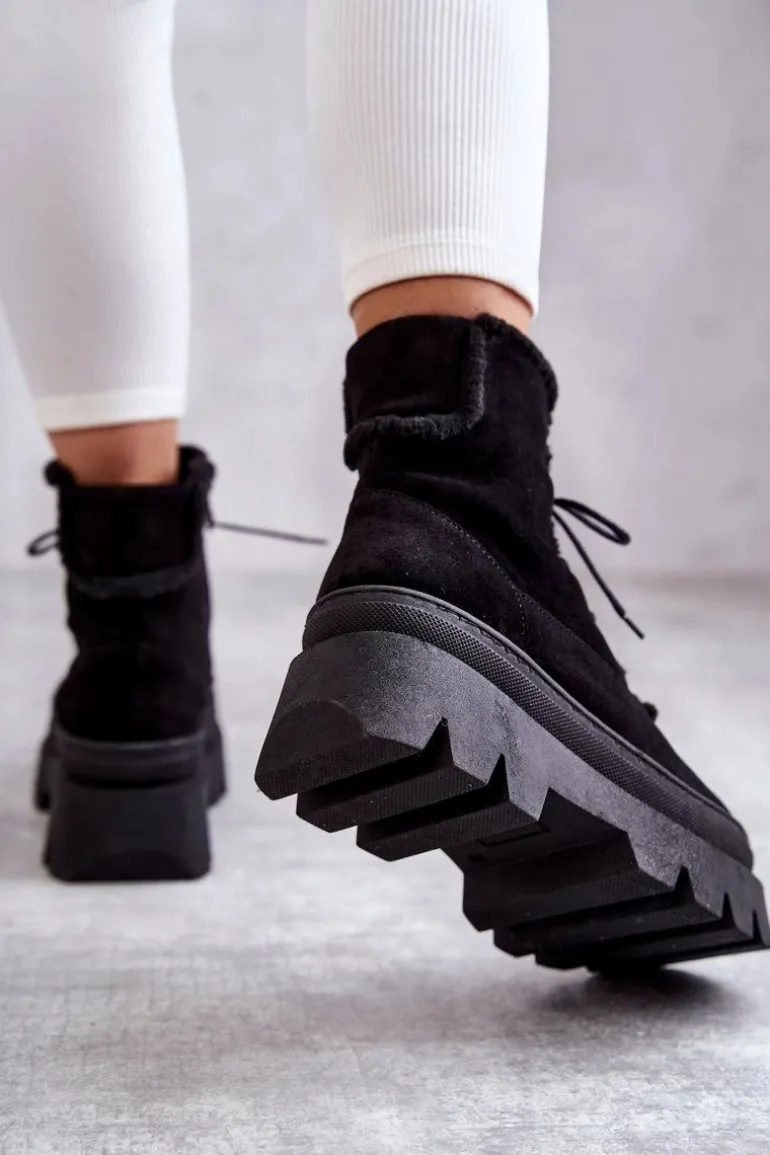 Zamszowe Ocieplane Botki Sznurowane Czarne Lemar Elisabeth