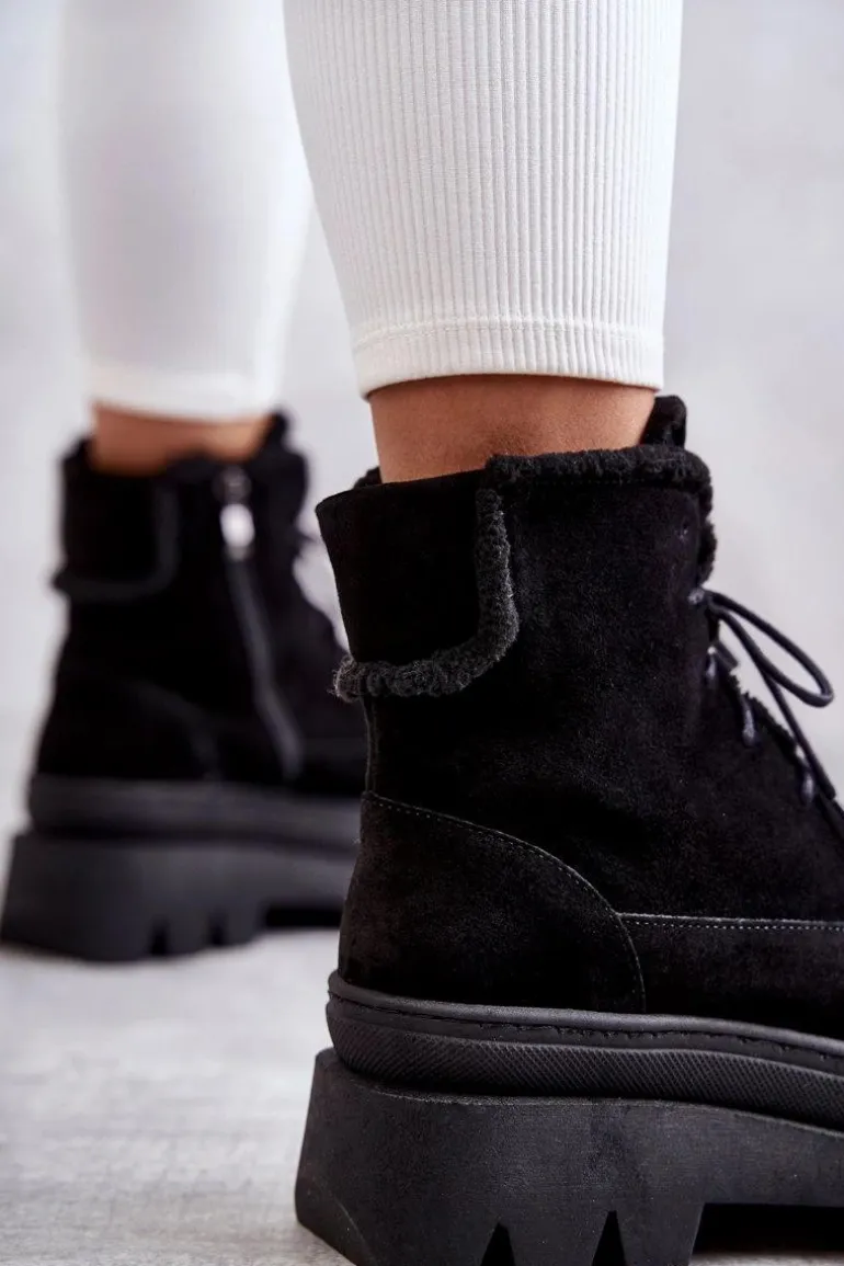 Zamszowe Ocieplane Botki Sznurowane Czarne Lemar Elisabeth