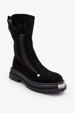 Zamszowe Ocieplane Botki Na Płaskim Obcasie Czarne Palimra