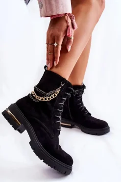Zamszowe Ocieplane Botki Z Łańcuchem Czarne Sorita