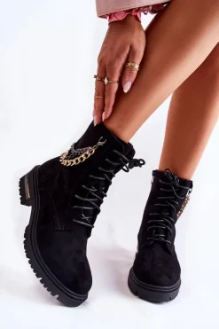 Zamszowe Ocieplane Botki Z Łańcuchem Czarne Sorita