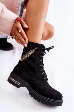 Zamszowe Ocieplane Botki Z Łańcuchem Czarne Sorita