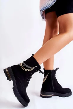 Zamszowe Ocieplane Botki Z Łańcuchem Czarne Sorita