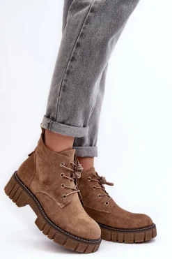 Zamszowe Ocieplane Botki Sznurowane Ciemnobeżowe Bjorg