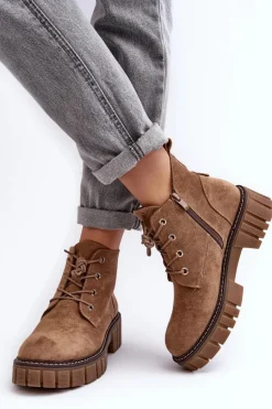 Zamszowe Ocieplane Botki Sznurowane Ciemnobeżowe Bjorg