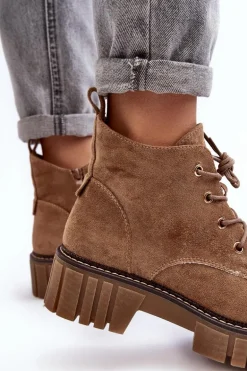 Zamszowe Ocieplane Botki Sznurowane Ciemnobeżowe Bjorg