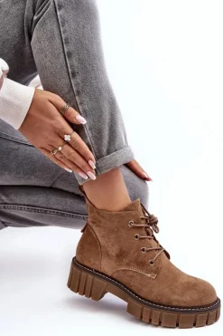 Zamszowe Ocieplane Botki Sznurowane Ciemnobeżowe Bjorg