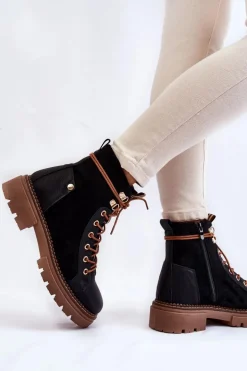 Zamszowe Ocieplane Botki Trapery Czarne Alette