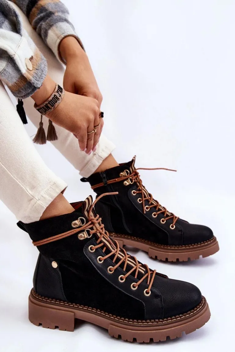 Zamszowe Ocieplane Botki Trapery Czarne Alette
