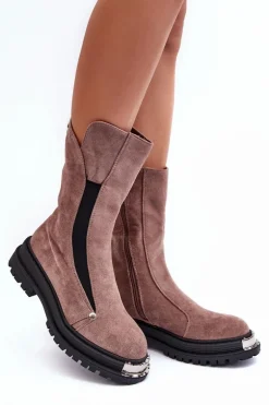 Zamszowe Ocieplane Botki Na Płaskim Obcasie Ciemnobeżowe Palimra