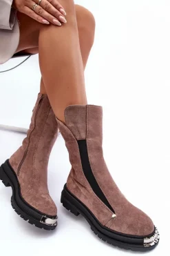 Zamszowe Ocieplane Botki Na Płaskim Obcasie Ciemnobeżowe Palimra