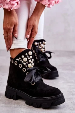 Zamszowe Ocieplane Botki Z Perłami Czarne Roco