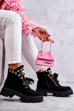 Zamszowe Ocieplane Botki Z Perłami Czarne Roco