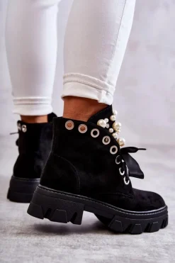 Zamszowe Ocieplane Botki Z Perłami Czarne Roco