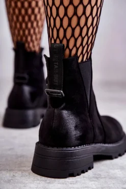 Zamszowe Ocieplane Botki Workery Na Płaskim Obcasie Czarne Salome