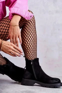 Zamszowe Ocieplane Botki Workery Na Płaskim Obcasie Czarne Salome