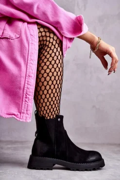 Zamszowe Ocieplane Botki Workery Na Płaskim Obcasie Czarne Salome