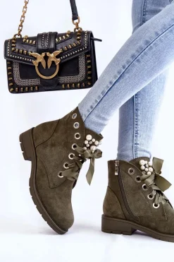 Zamszowe Ocieplane Botki Na Suwak Z Perłami Zielone Raiso