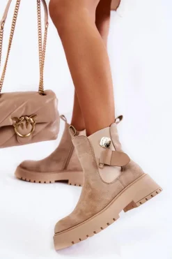 Zamszowe Ocieplane Botki Workery Ciemnobeżowe Magnis