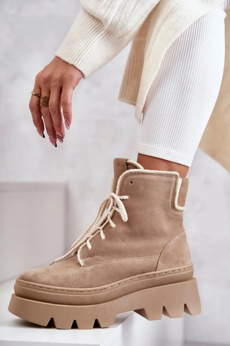 Zamszowe Ocieplane Botki Sznurowane Beżowe Lemar Elisabeth