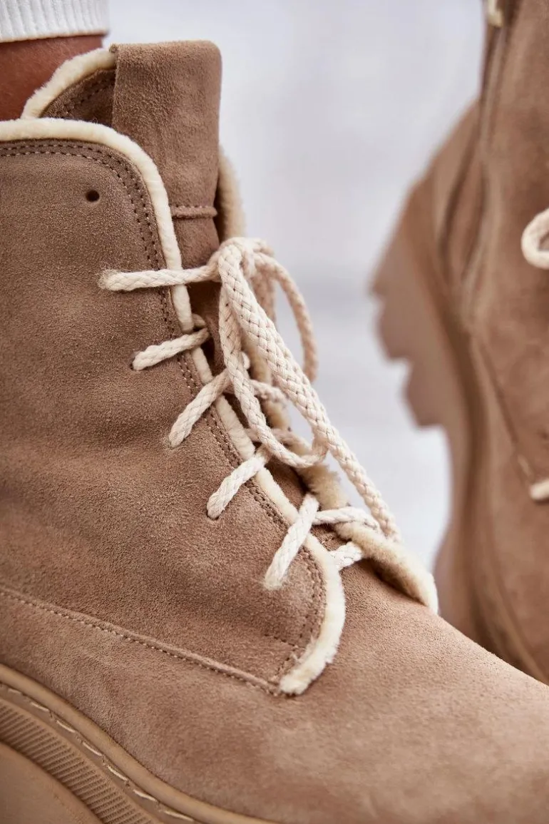 Zamszowe Ocieplane Botki Sznurowane Beżowe Lemar Elisabeth