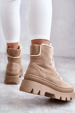 Zamszowe Ocieplane Botki Sznurowane Beżowe Lemar Elisabeth