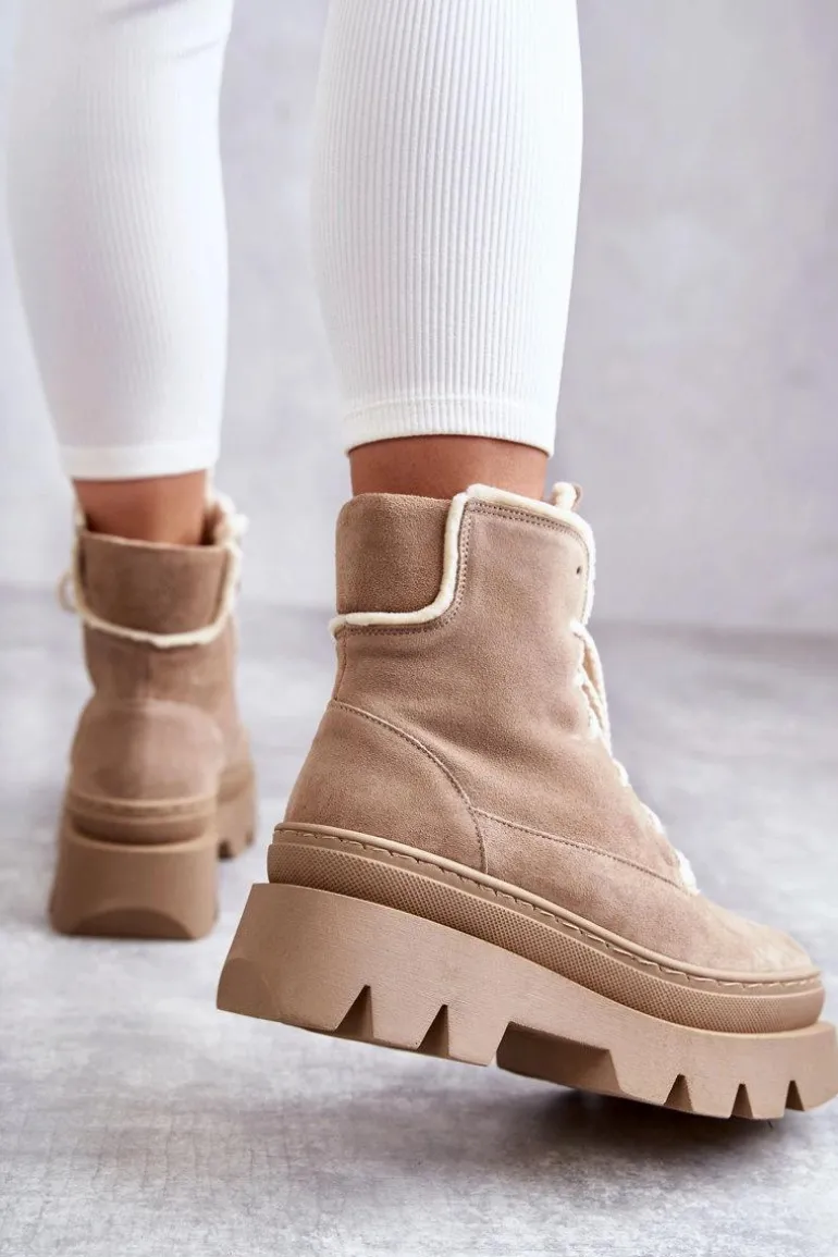 Zamszowe Ocieplane Botki Sznurowane Beżowe Lemar Elisabeth
