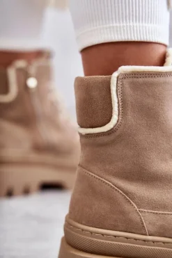 Zamszowe Ocieplane Botki Sznurowane Beżowe Lemar Elisabeth