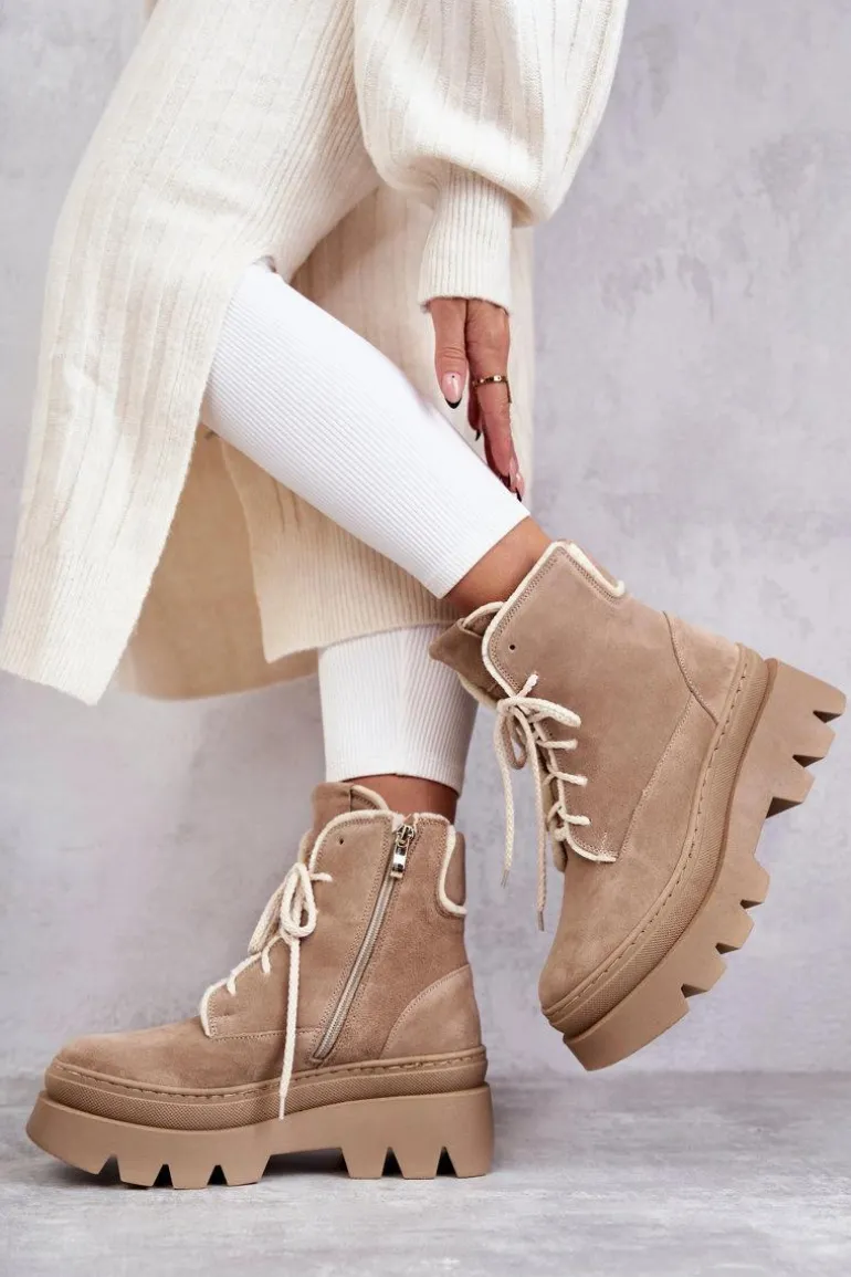 Zamszowe Ocieplane Botki Sznurowane Beżowe Lemar Elisabeth