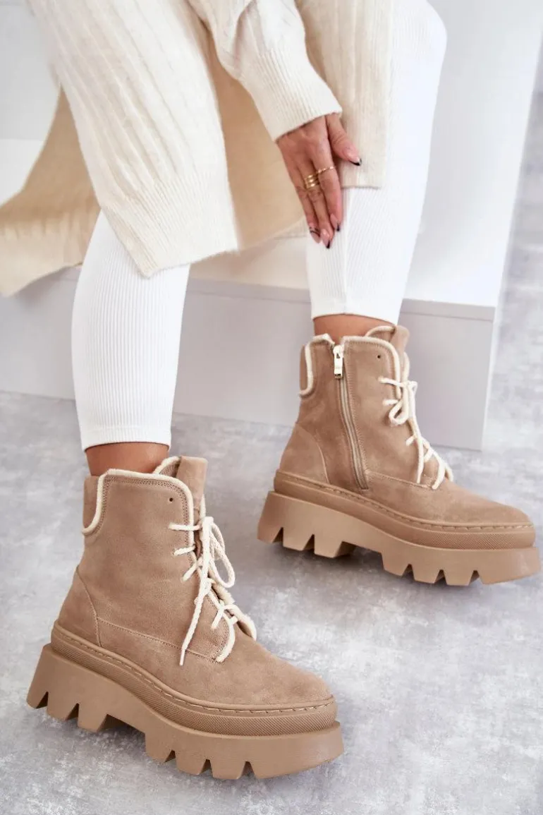 Zamszowe Ocieplane Botki Sznurowane Beżowe Lemar Elisabeth