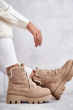 Zamszowe Ocieplane Botki Sznurowane Beżowe Lemar Elisabeth