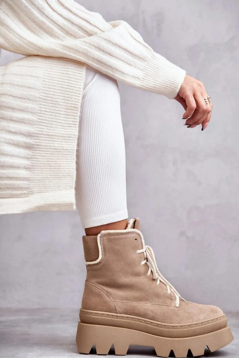 Zamszowe Ocieplane Botki Sznurowane Beżowe Lemar Elisabeth